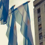Flags of Argentina on the Plaza de Mayo, Buenos Aires, Argentina.