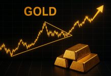 Goldpreis-Chart mit Dreiecksformation und Goldbarren – Symbolbild für Goldmarkt-Analyse