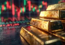 Goldpreis vor Ausbruch: Zinsspekulation bringt Spannung in den Markt Goldbarren vor Börsentafel mit Kurssprung-Grafik – Symbolbild für steigenden Goldpreis