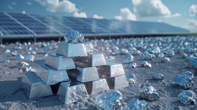 Silberbarren vor Solarpanel – Symbolbild für steigende Kapitalzuflüsse in Silber-ETF