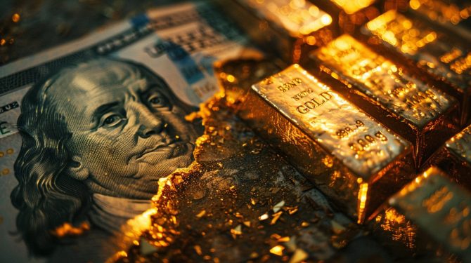 Goldbarren auf einer bröckelnden Dollarnote – Symbolbild für Währungskrise