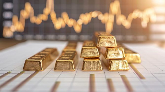 Goldbarren vor Goldpreis-Chart - Symbol für die Kursaussichten bei Gold