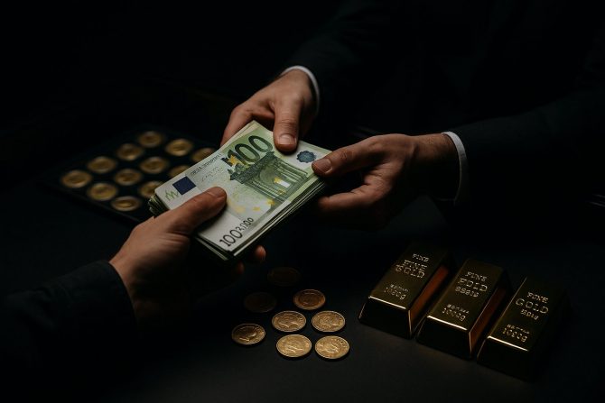 Goldbarren und Euro-Banknoten beim anonymen Barkauf ohne Ausweiskontrolle
