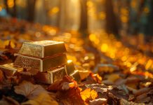 Goldbarren auf herbstlichem Waldweg – Symbolbild für saisonale Gold-Rally