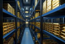 Goldbarren im Regal eines Zentralbank-Tresors