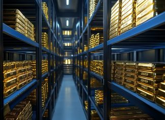 Goldbarren im Regal eines Zentralbank-Tresors