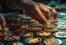 Verkäufer im Edelmetall-Handel sortiert Goldmünzen