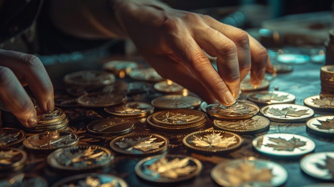 Verkäufer im Edelmetall-Handel sortiert Goldmünzen 