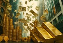 Goldbarren und Münzen vor fliegenden Geldscheinen – Symbol für Goldpreis und Inflation