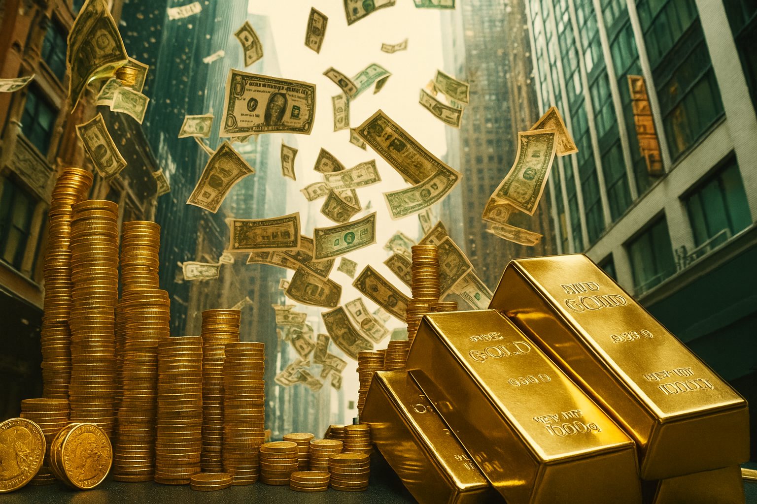 Goldbarren und Münzen vor fliegenden Geldscheinen – Symbol für Goldpreis und Inflation Goldbarren und Münzen vor fliegenden Geldscheinen – Symbol für Goldpreis und Inflation