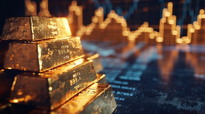 Goldbarren vor Börsenchart – Symbol für steigenden Goldpreis