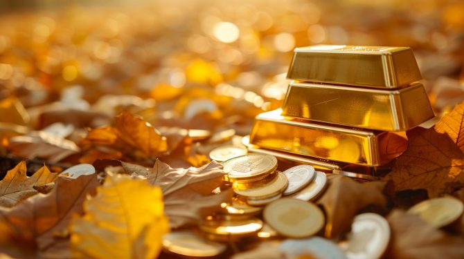 Goldpreis im September 2025 – Goldbarren auf Herbstlaub als Symbol für saisonale Schwankungen