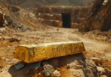 Goldbarren vor Mineneingang – Symbol für weltweite Goldförderung und Reserven