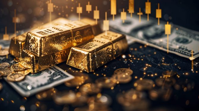 Goldbarren auf US-Dollar mit Chart-Overlay als Symbol für langfristige Goldpreisentwicklung.