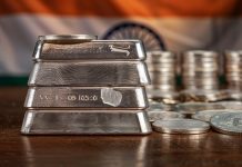 Silber-Engpass in Indien: Knappheit vor Diwali-Fest verschärft sich Silber als Barren und Silbermünzen vor Indien-Flagge