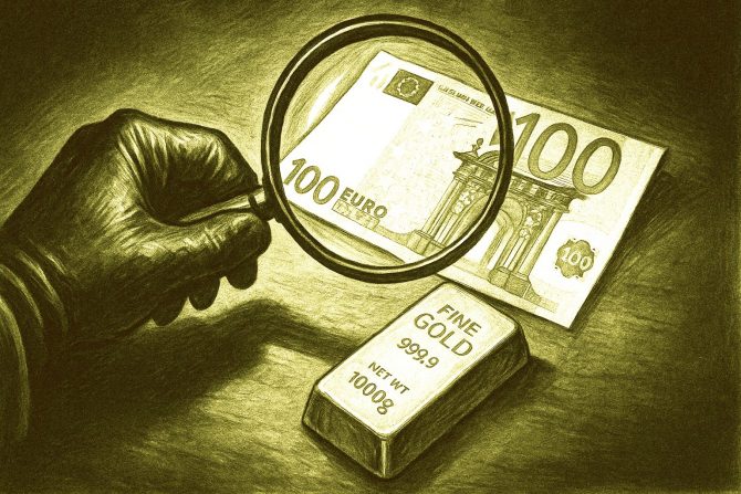 Lupe prüft 100-Euro-Schein neben Goldbarren – Anonymität von Bargeld und Gold