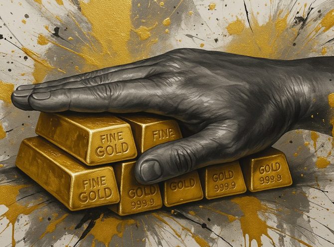 Goldpreis unter Druck, Hand greift nach Goldbarren – Symbol für Vermögensschutz in unsicheren Finanzmärkten Goldpreis unter Druck, Hand greift nach Goldbarren – Symbol für Vermögensschutz in unsicheren Finanzmärkten