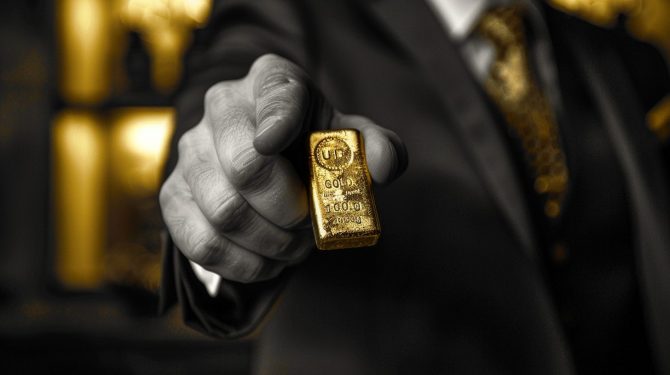 Hand mit Goldbarren als Symbol für Krisenschutz und Wertstabilität
