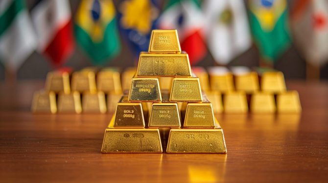 Goldreserven weltweit Stand September 2025 – Zentralbanken kaufen nach Goldbarren vor Länderflaggen – Schwellenländer kaufen massiv Gold