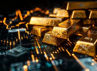 Goldpreis über 4.000 USD: Goldbarren vor Terminmarkt-Chart und steigenden COMEX-Daten