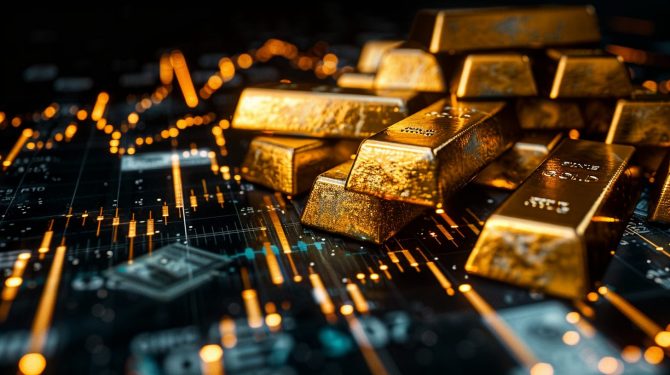 Goldpreis über 4.000 USD: Goldbarren vor Terminmarkt-Chart und steigenden COMEX-Daten