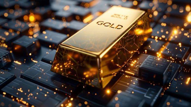 Goldbarren auf Schaltplatte– Symbol für digitale Störung mit Auswirkungen auf den Goldpreis Goldbarren auf Schaltplatte– Symbol für digitale Störung mit Auswirkungen auf den Goldpreis