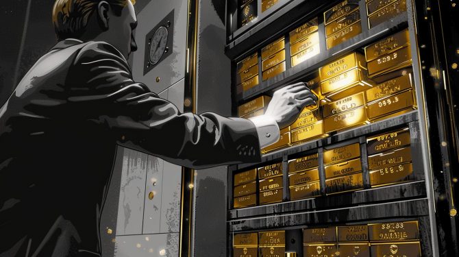 Institutioneller Anleger greift im Tresor nach gestapelten Goldbarren – Symbol für ETF-Zuflüsse und steigende Goldnachfrage