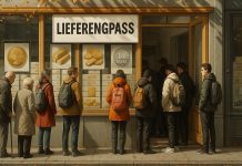 Lieferketten & Engpässe im Edelmetall-Handel: Ursachen, Folgen, Muster Menschen stehen vor einem Edelmetallgeschäft Schlange. Goldbarren und Münzen sind aufgrund eines Lieferengpasses knapp.