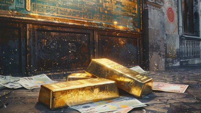 Goldbarren vor einer Anzeigetafel mit verstreutem Papiergeld – Symbol für Marktstress, Zinswende und die Rolle von Gold.