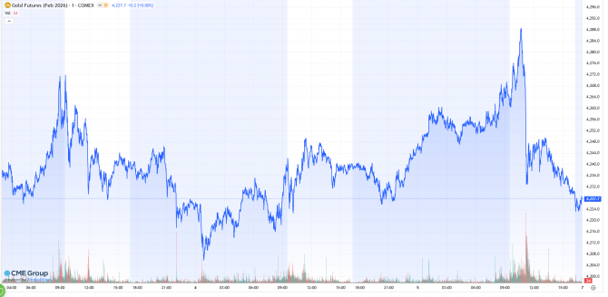 Goldpreis in US-Futures-Handel (Februar-Kontrakt) im Zeitraum vom 1. bis 5. Dezember 2025