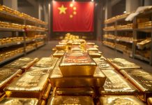 China erhöht Goldreserven – Wert erstmals über 300 Milliarden USD Goldbarren in chinesischem Tresorraum vor Nationalflagge (Symbolbild) – China erhöht Goldreserven, Wert über 300 Milliarden USD.