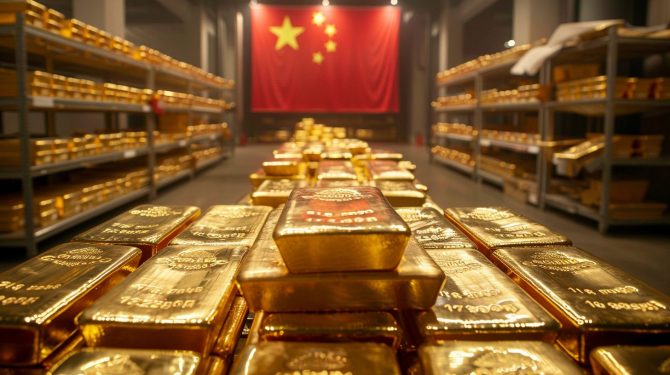China erhöht Goldreserven auf Rekord – elfter Monat in Folge Zukäufe Goldbarren in chinesischem Tresorraum vor Nationalflagge (Symbolbild) – China erhöht Goldreserven, Wert über 300 Milliarden USD.