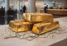 Goldbarren auf Dollar-Noten im Bankenfoyer – Symbol für Zentralbankkäufe