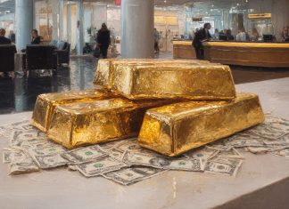 Goldbarren auf Dollar-Noten im Bankenfoyer – Symbol für Zentralbankkäufe