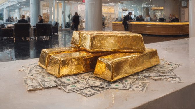 Goldbarren auf Dollar-Noten im Bankenfoyer – Symbol für Zentralbankkäufe