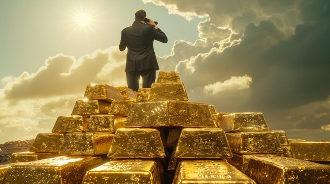 Mann auf Goldbarren blickt mit Fernglas in die Zukunft des Goldpreises 2026 Mann auf Goldbarren blickt mit Fernglas in die Zukunft des Goldpreises 2026