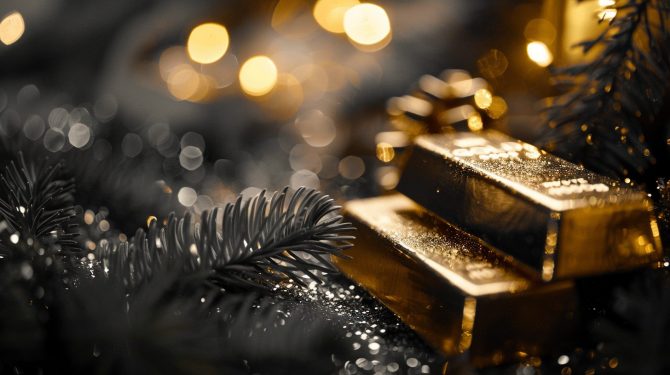 Goldbarren in winterlicher Dekoration – saisonale Analyse des Goldpreis im Dezember