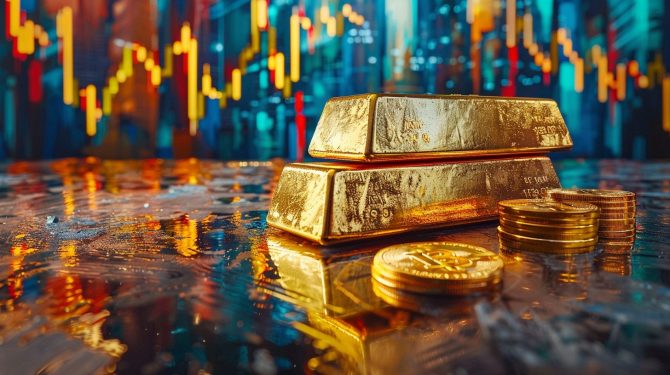 Goldbarren vor Chartgrafiken – Goldpreis fällt am Dienstag unter 4.200 USD