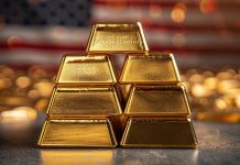 Goldpreis: Rekord über 4.500 USD – Showdown an der COMEX Goldpreis auf Rekordhoch: Goldbarren vor US-Flagge mit Fokus auf COMEX
