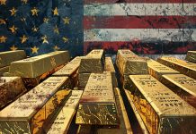 Goldpreis nahe Rekordhoch: Goldbarren vor US-Flagge symbolisieren den US-Futures-Markt