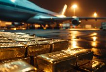 62 Tonnen US-Gold landen in der Schweiz – Frankreich und UK profitieren Goldbarren auf einem Flughafen symbolisieren den internationalen Goldhandel zwischen USA, Schweiz und Europa