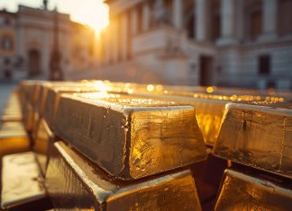 Goldbarren mit italienischer Flagge – Streit um Italiens Goldreserven und mögliche politische Eingriffe.