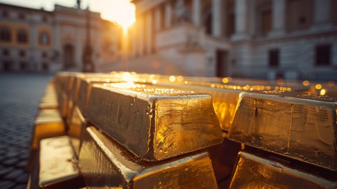 Goldbarren mit italienischer Flagge – Streit um Italiens Goldreserven und mögliche politische Eingriffe.