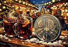 Silber so teuer wie nie – doch 70 Prozent greifen lieber zum Glühwein Silbermünze neben zwei Glühwein auf dem Weihnachtsmarkt – Experiment zur Wahrnehmung von Silber