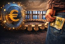 ZB-Geldpolitik: Euro-Symbol, EZB-Ratssaal und Geldscheine stehen für stabile Zinsen und Inflation