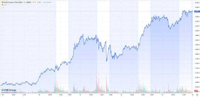 Goldkurs (Februar-Kontrakt) im Zeitraum vom 12.01. bis 16.01.26 Goldkurs (Februar-Kontrakt) im Zeitraum vom 19.01. bis 23.01.26 (Quelle: CME Group)