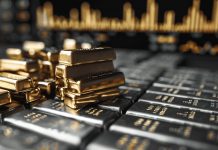 Gold- und Silberbarren mit unscharfen Finanzcharts im Hintergrund – steigende Preise und hohe ETF-Abflüsse