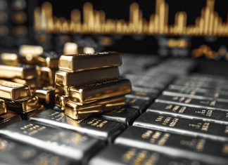 Gold- und Silberbarren mit unscharfen Finanzcharts im Hintergrund – steigende Preise und hohe ETF-Abflüsse