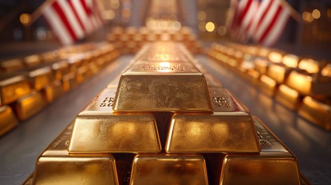 Goldbarren auf US-Flagge – Symbol für Goldpreis und Terminmarkt in den USA Goldpreis nahe 5.000 USD: Gestapelte Goldbarren im COMEX-Umfeld mit US-Bezug