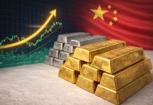 Goldpreis in China: Gold- und Silberbarren vor China-Flagge mit Aufwärtstrend